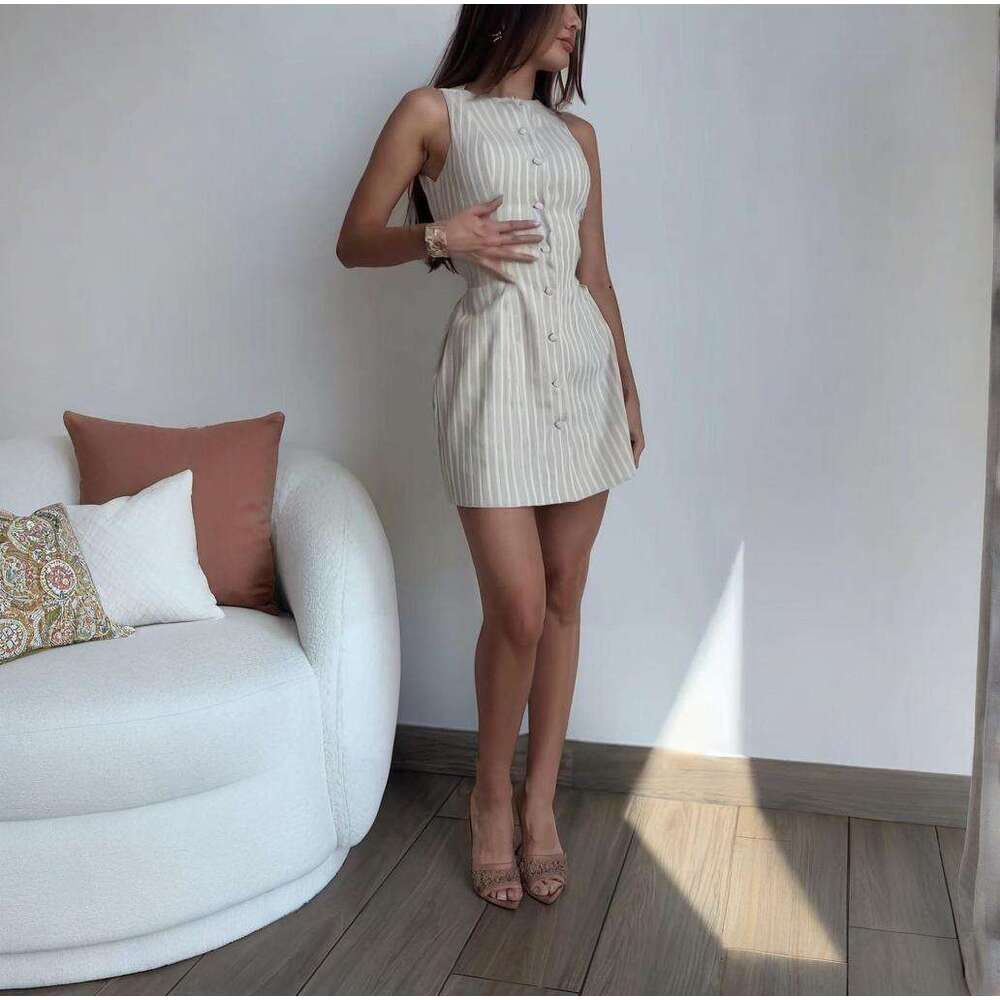 Summer Women's Solid Color Button Tie Waist Fashion Short Dress B5