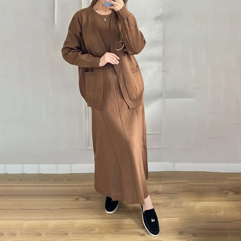 Women's Clothing Autumn New Fashion Casual Knitted Jacket Dress Sweater Set B5