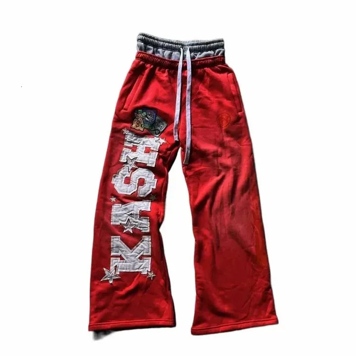 Y2K Red Double Waist Sweatpants Harajuku Letter Graphic Patch Baggy Trousers Men Women Clothing Gothic Jogger Pants Streetwear 250714