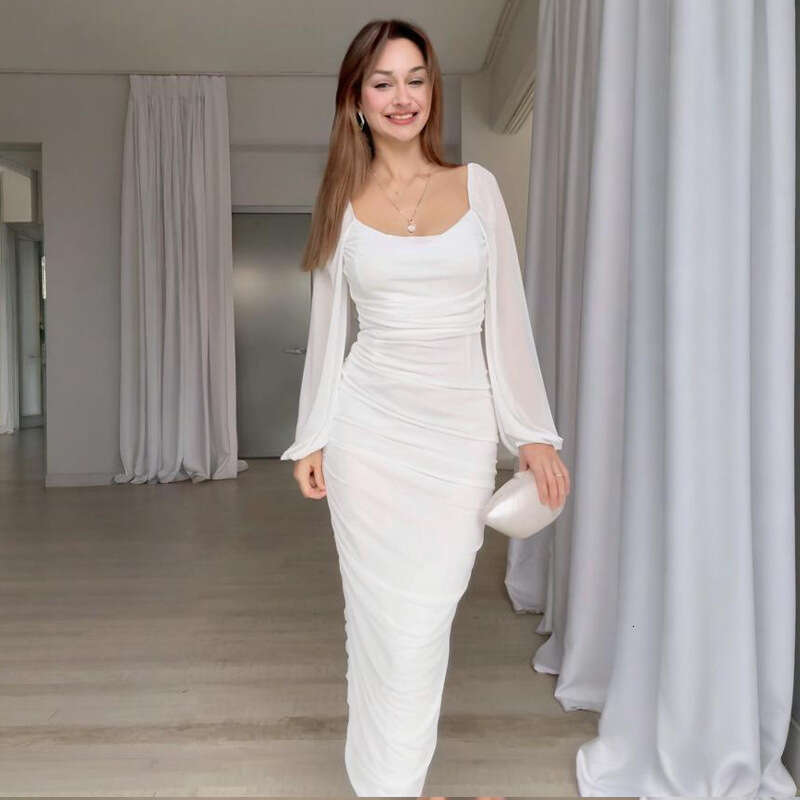 Spring New Women's Pleated Solid Color Waist-Cinching Elegant Fashion Dress B5