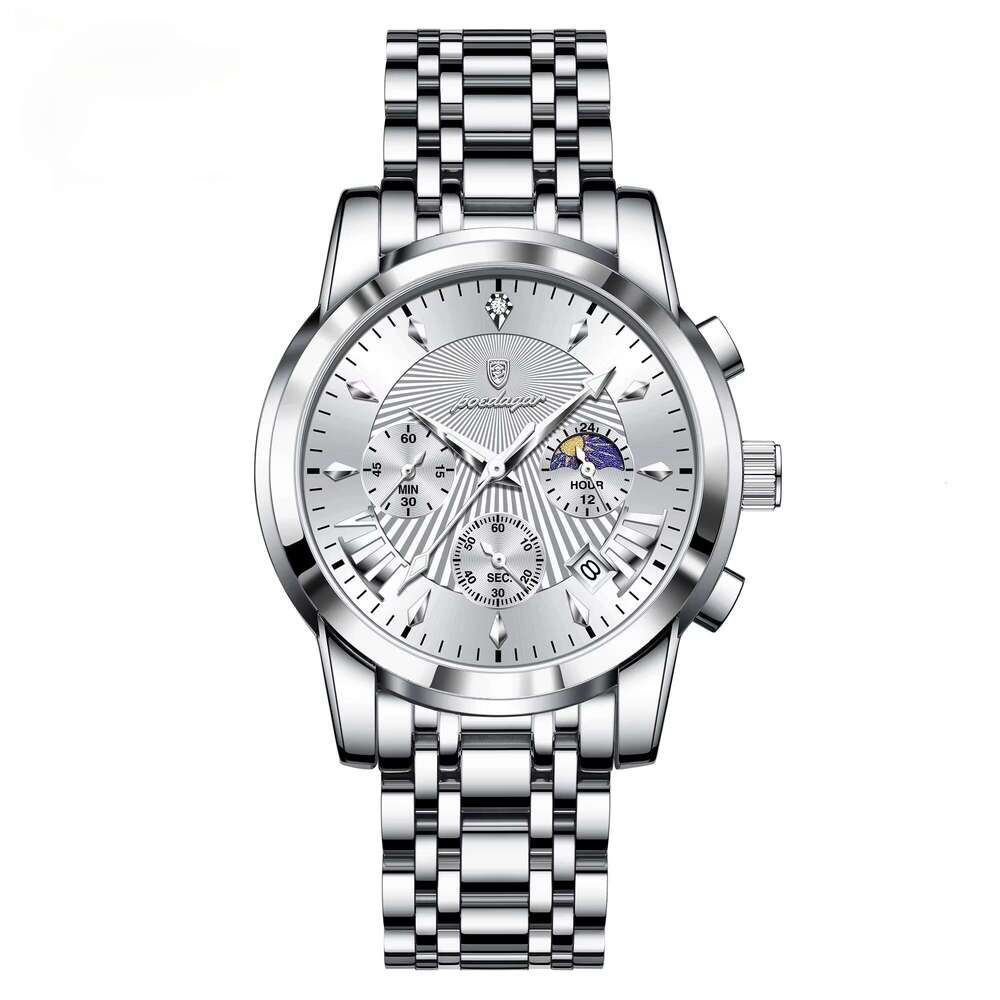 DHwatches Men's Multifunction Quartz Watch - 50M Waterproof Chronograph with Moon Phase & Date, Stainless Steel (Model 813)