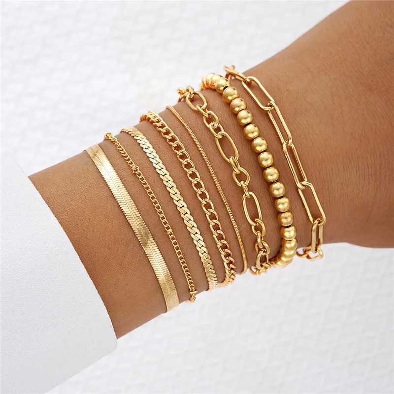 8Pcs Cuban Chain Twisted Rope Chain Bracelet for Men and Women Hip Hop Punk Gold Color Beads Fashion Jewelry Gifts XJ250715