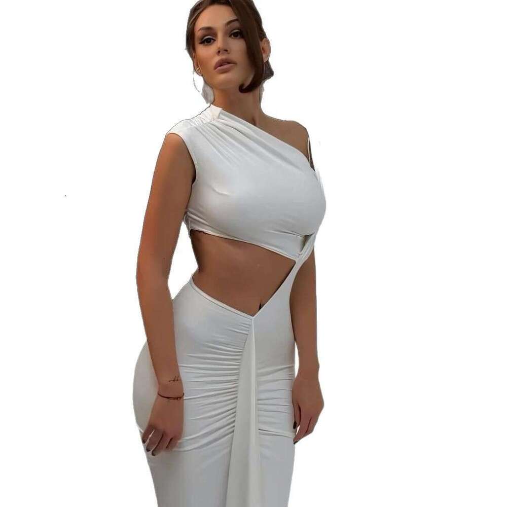 Women's Clothing Summer New Style Asymmetrical Neck Hollow Out Solid Color Sleeveless Sexy Slim Dress For Women B5