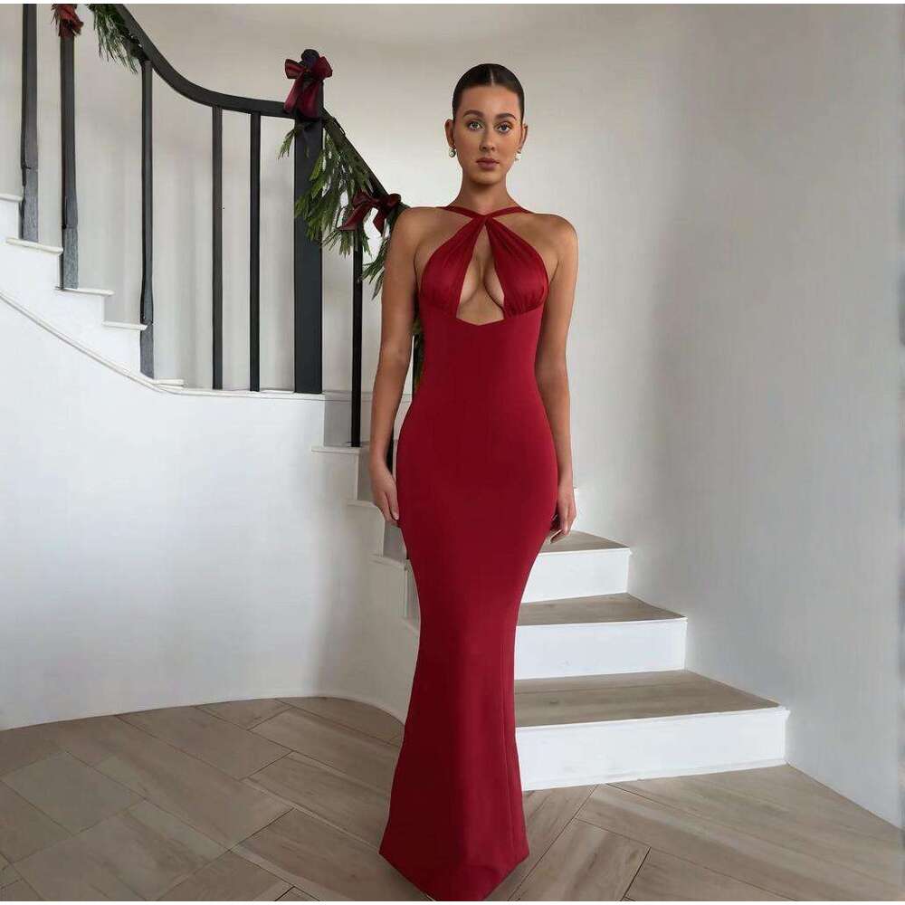Summer New Women's Sexy Solid Color Off-Shoulder Waist-Cinching Elegant Fashion Dress B5
