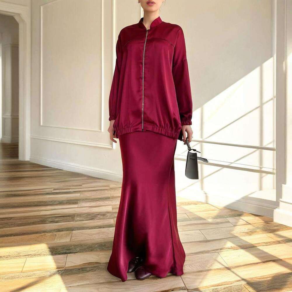 Spring New Women's Zipper Solid Color Midi Skirt Elegant Fashion Commuter Set B5