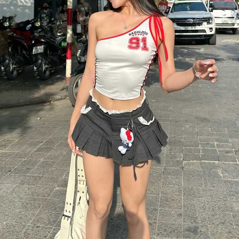 2024 Fall Y2K Low Waist Pleated Mini Skirt with Lace Trim Sweet Bow A-line Skirt for Kawaii Girls Casual Women Clothing R250728