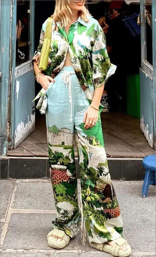 Summer Women Single Bretted Lapel Short Sleeve Top and Wide Legs Trousers Set Printed Shirt Trousers Vacation Style Set 250714