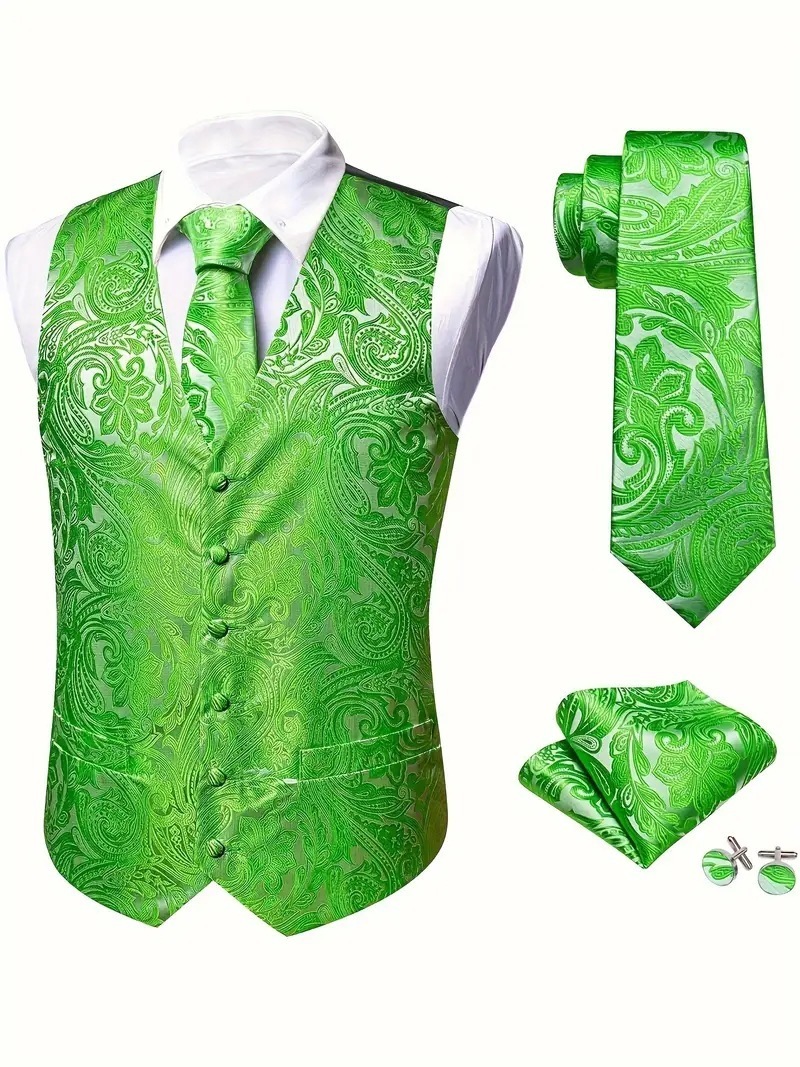 Golden black silk mens vest tie pocket square cufflinks set jacquard waistcoat sleeveless jacket mens wedding business Barry. King 240814