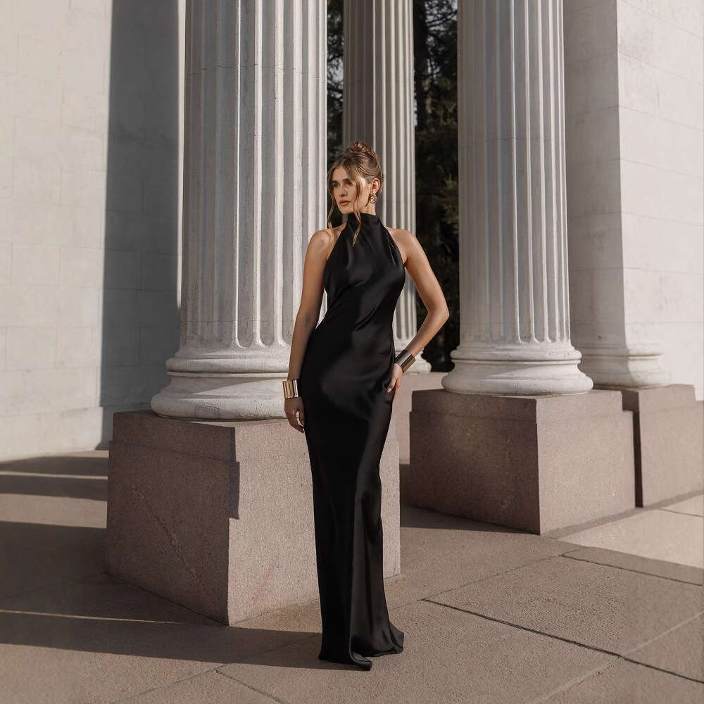 Summer New Women's Solid Color Tie Waist Elegant Fashion Dress B5