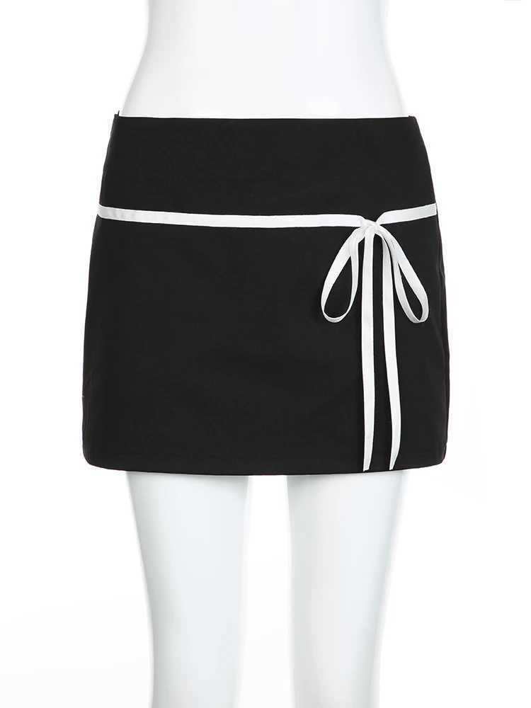 iamsure Sweet Basic Patchwork Bandage A-line Skirt Casual Slim Low-waisted Mini Skirts Women 2024 Summer Fashion Streetwear Lady R250728