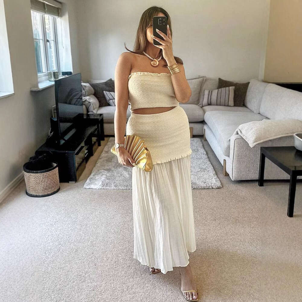 TRAFZA Style Women's Knitted Off-Shoulder Tube Top And Skirt Set B5