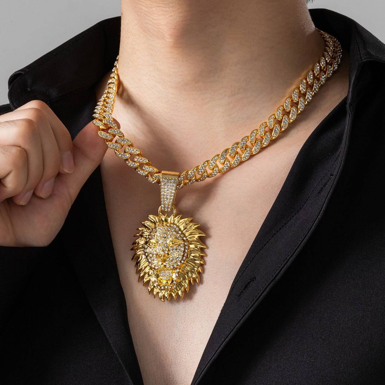 Luxury Jewelry Designer Jewelry Golden 3D Lion Head Full Diamond Necklace Hip Hop Jewelry European And American Trend One Piece Dropshipping
