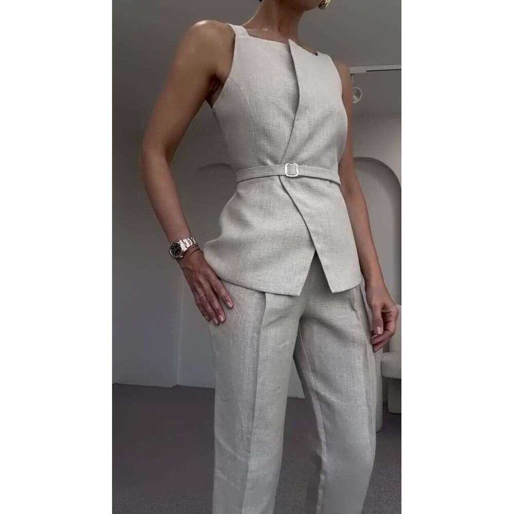 Summer New Women's Belt Solid Color Wide-Leg Pants Elegant Commuter Fashion Set B5