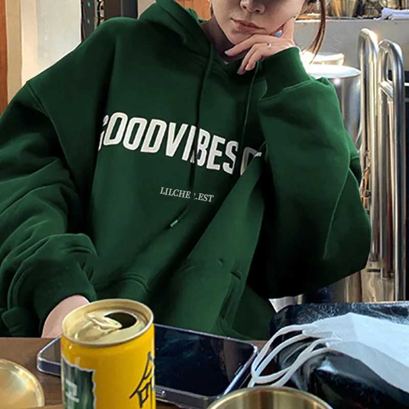 Autumn Fleece Hoodie Solid Color Letter Hooded Korean Fashion Sweatshirts Long Sleeve Top Drawstring Pockets Loose Hoodies X2507151