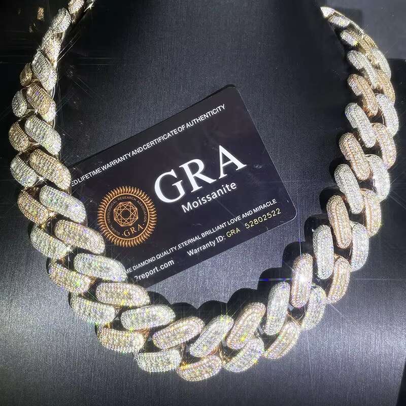 Hip hop jewelry bracelet necklace25mm VVS Moissanite Necklace Fine Jewelry Sterling Sier Gold Finish Hip Hop Miami Cuban Chain Men's Inspiration