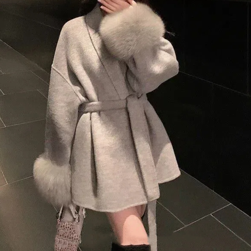 Knock Winter New Loose Fit Lazy Style Chic Fashion V-neck Blend Coat for Women Wide Sleeves Outwear Stripes Female Coat