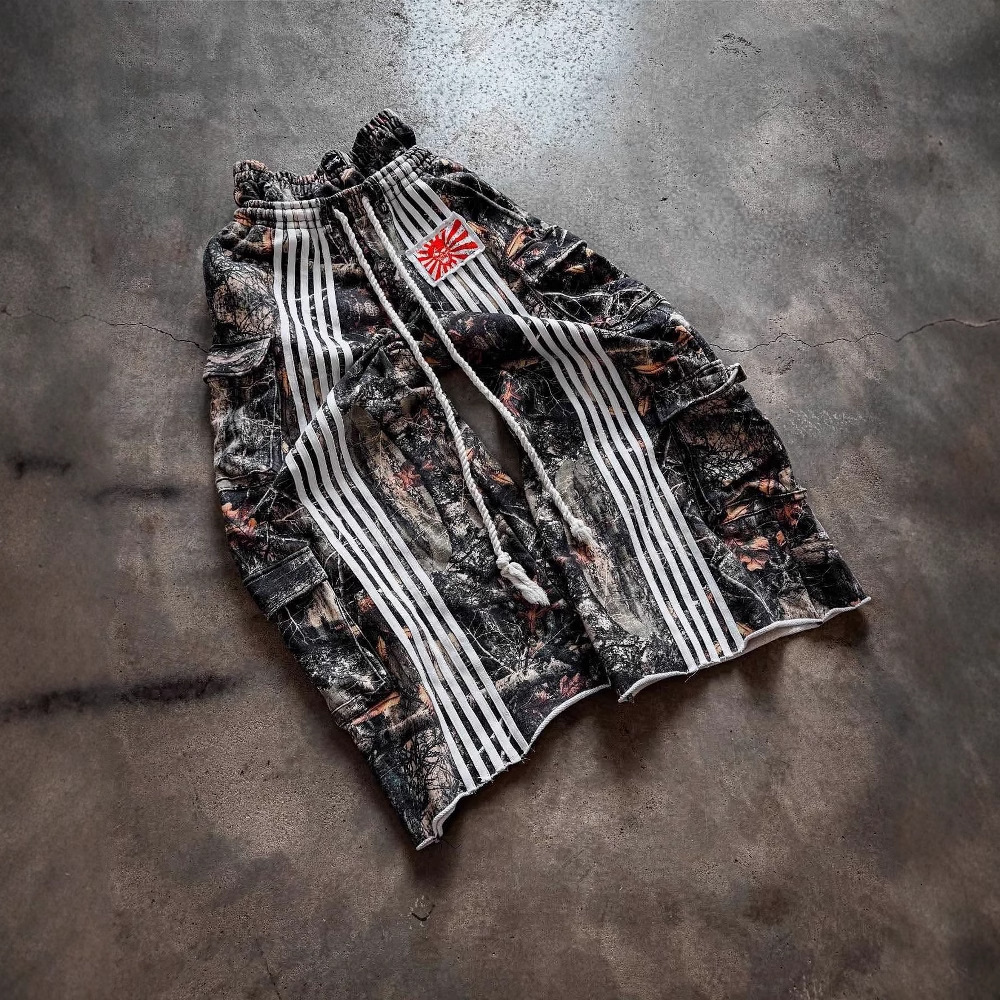 American high street workwear double waisted sweatpants leaf camouflage heavy striped loose wide leg pants y240910
