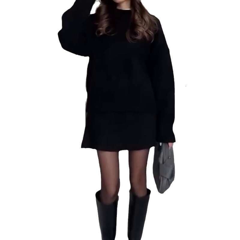 Autumn Women's Sweater Half Turtleneck Top Versatile Short Skirt Set B5