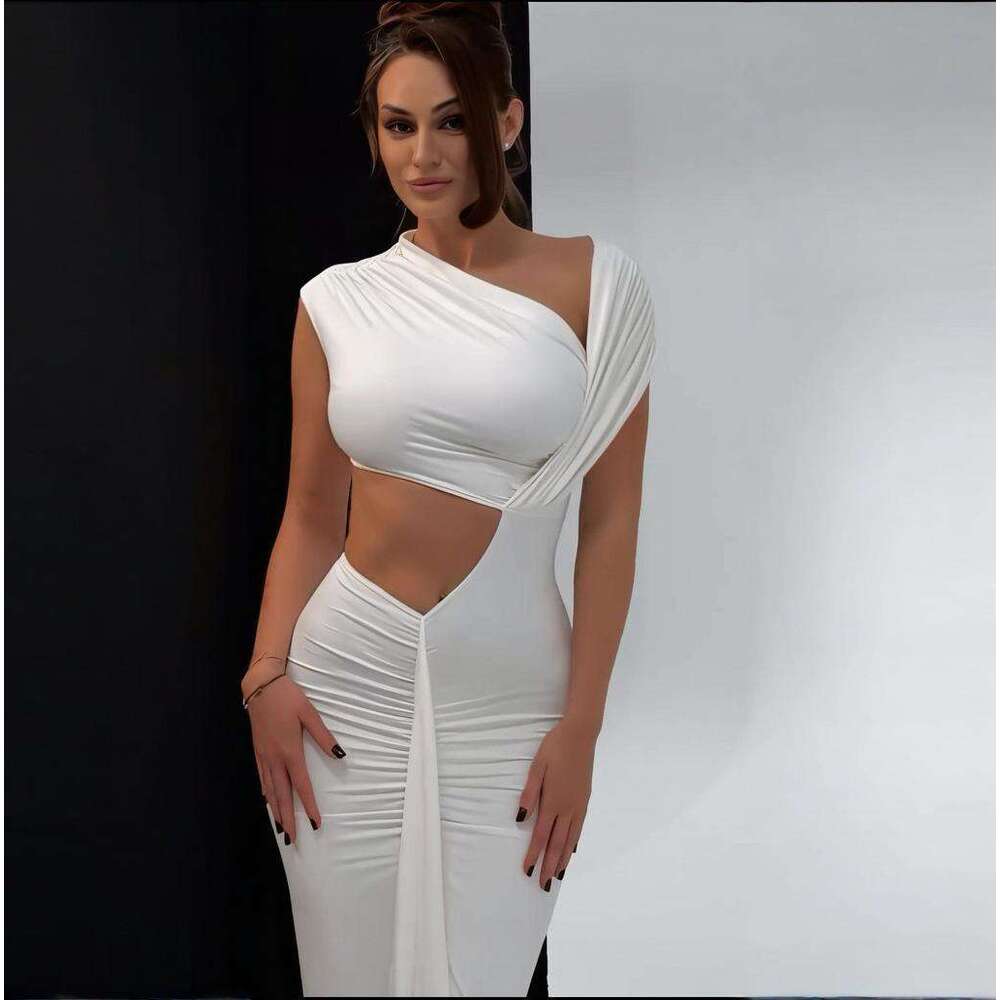 Women's Clothing Summer New Style Asymmetrical Neck Hollow Out Solid Color Sleeveless Sexy Slim Dress For Women B5