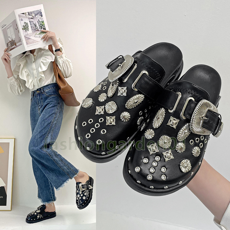 designer sandals retro rivet luxury slides slippers womens sliders summer flats mules sandles outdoor daily platform gothic women shoes size 35-42