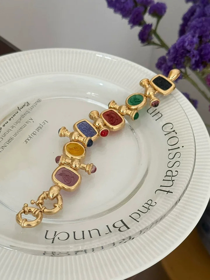Brass Statement Chunky Colorful Retro Beads Bracelet Women Jewelry T Show Runway Gown Rare INS Japan Korean Trendy 250711