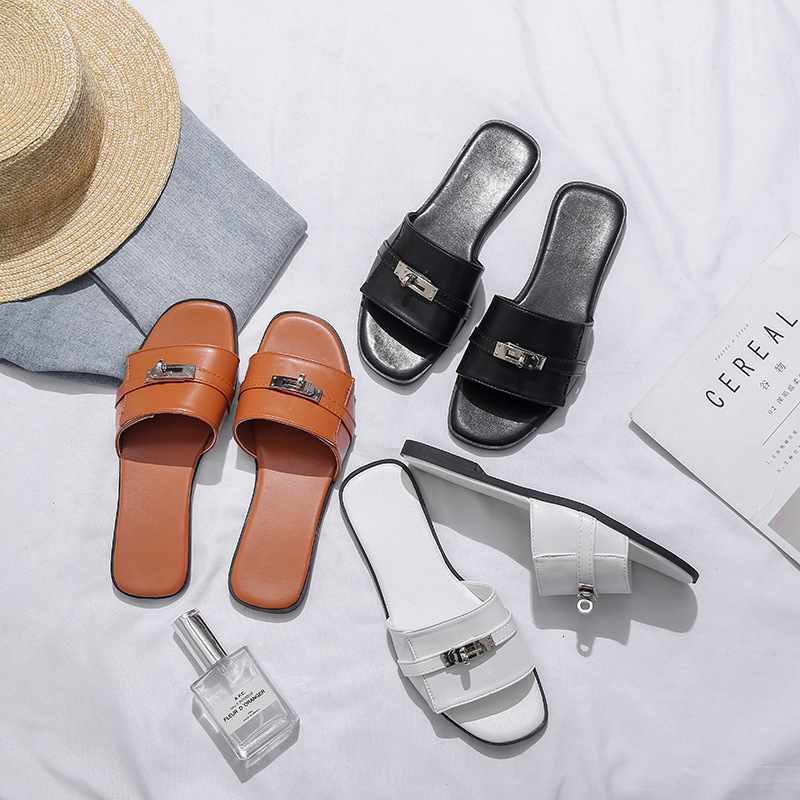 Outdoor Beach 2025 Summer Korean Style Small Silver Buckle One-strap Summer Sandals Famous Designer French Flat Sandals Designer Half Slippers For Outdoor Wear