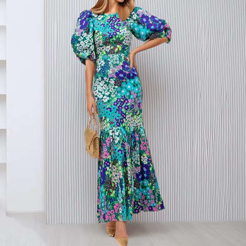 VEITCHE Summer Elegant Women Blue Flower Print Lantern Sleeve And Ankle Slim Bodycon O-neck Pastoral Style Party Dress dongdumaoyi