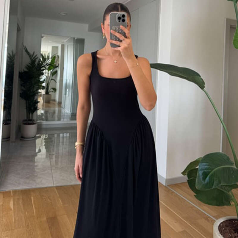 Summer New Women's Fashion Square Neck Sexy Sleeveless Ruched Elegant Slim Dress B5