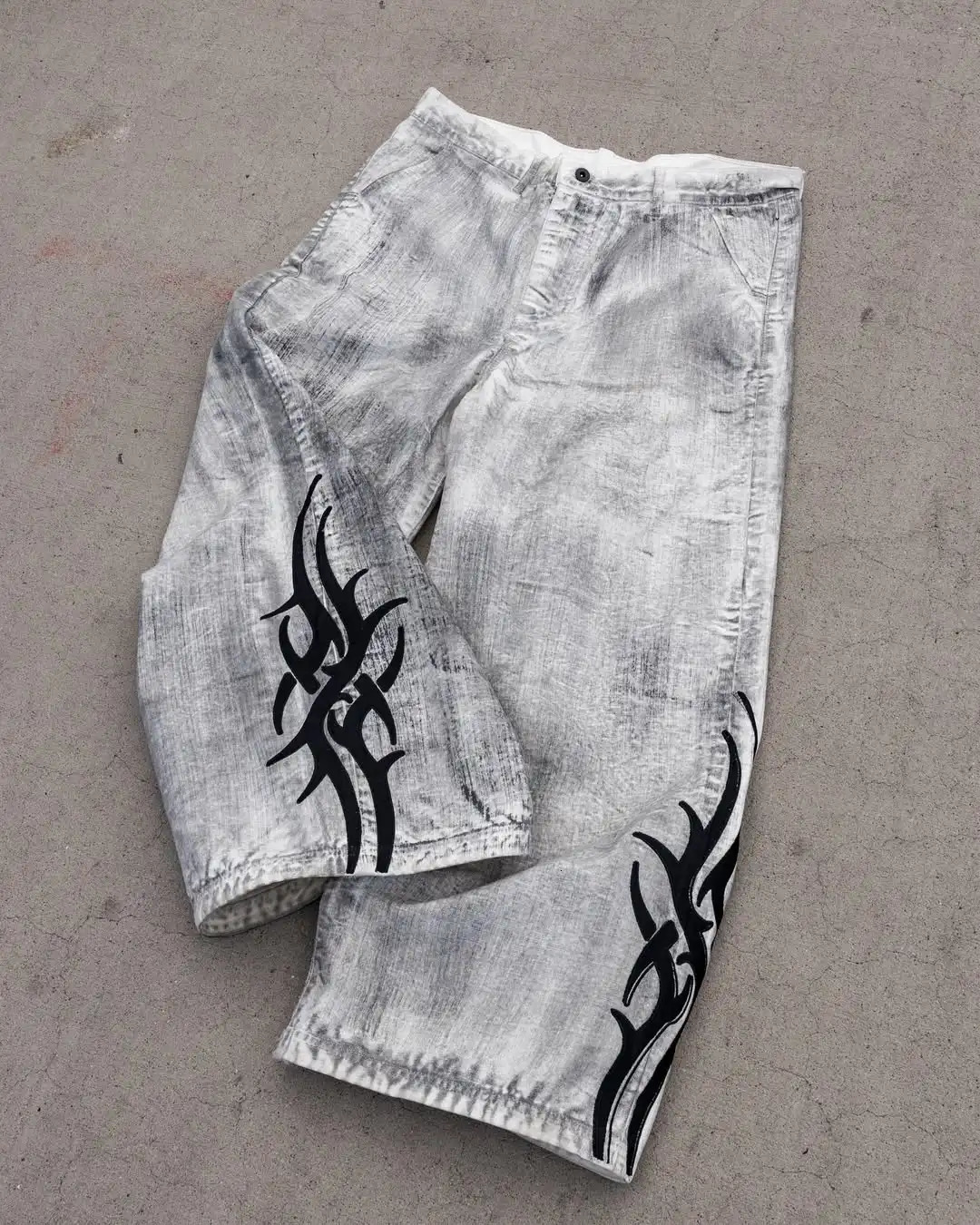 Flame Pattern Splicing Creative Three-dimensional Washing Retro Wide-leg Straight Jeans Mens Street Hip-hop Floor Pants 250714