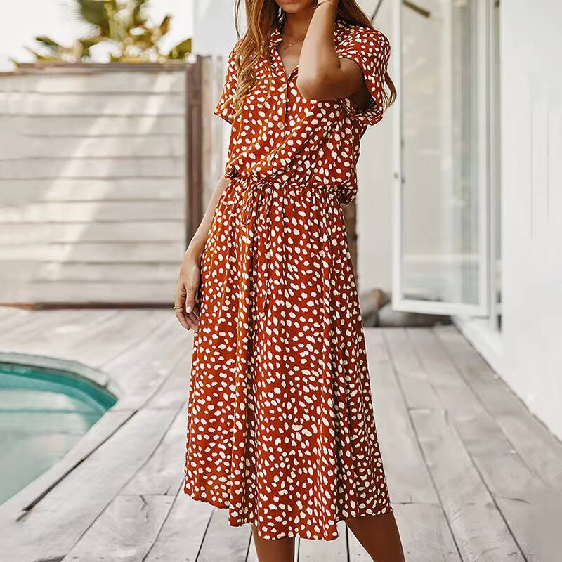 Summer Dresses for Women Polka Dot Printing With Buttons Short Sleeves Drawstring High Waist Dress Vestidos dongdumaoyi