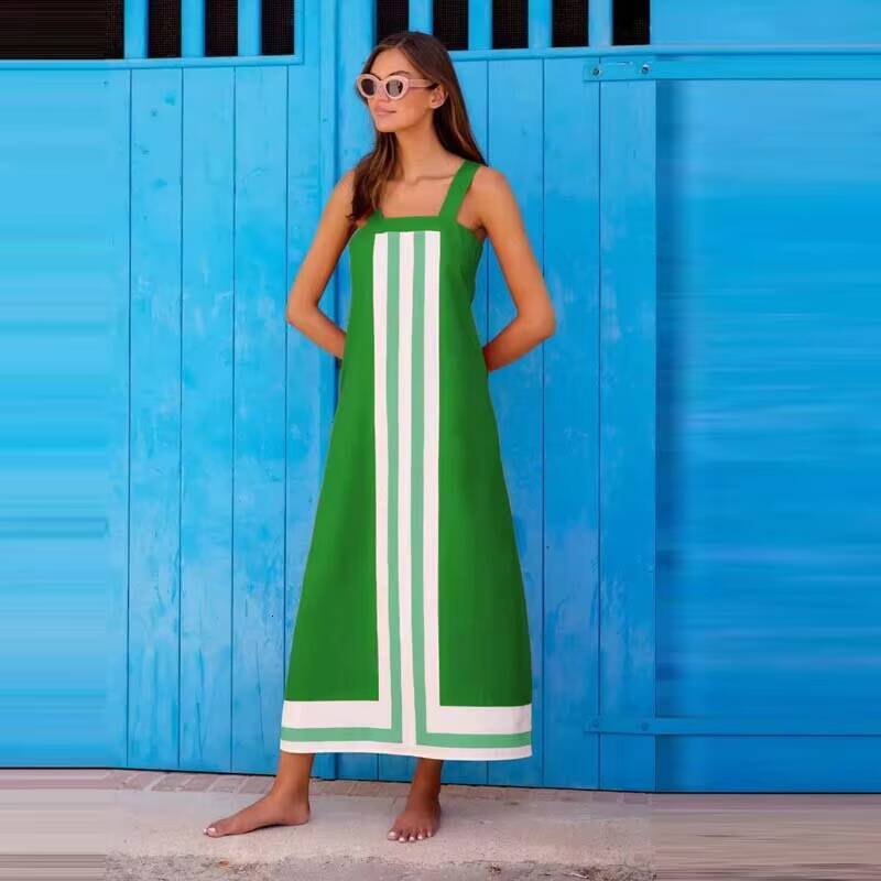 Summer Square Collar Sling Chic Match Patchwork Striped Mini Dresses 2025 Fashion Contrast Color Backless Beach Dress Women New dongdumaoyi