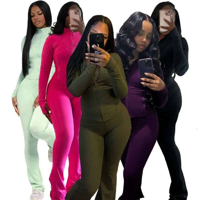 Designer Leisure High Quality Pant Sets Two Piece Set Women Sexy Slim Fit Zipper Top Stand Collar Solid Sporty Casual Splice Flare Pants Elastic Waist