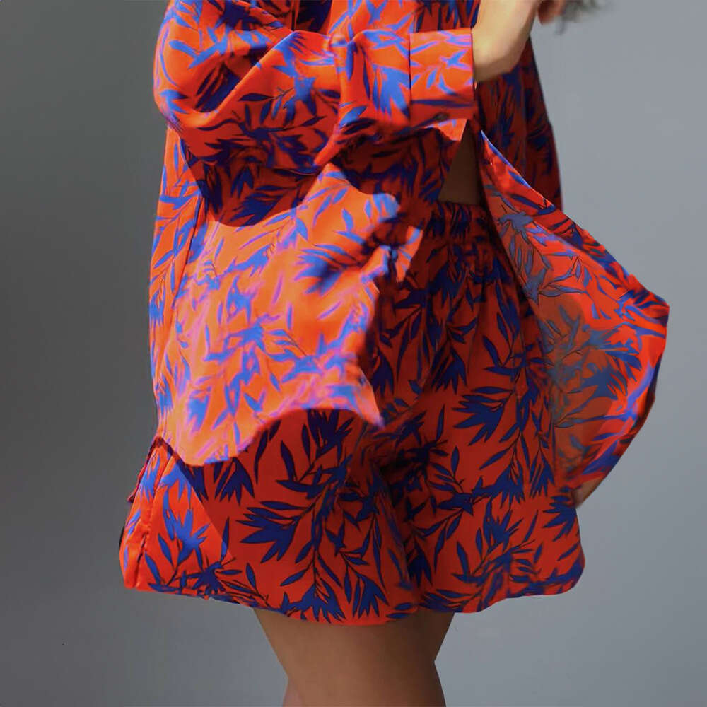 Summer Fashion Casual Orange Bamboo Leaf Printed Shirt Shorts Set B5