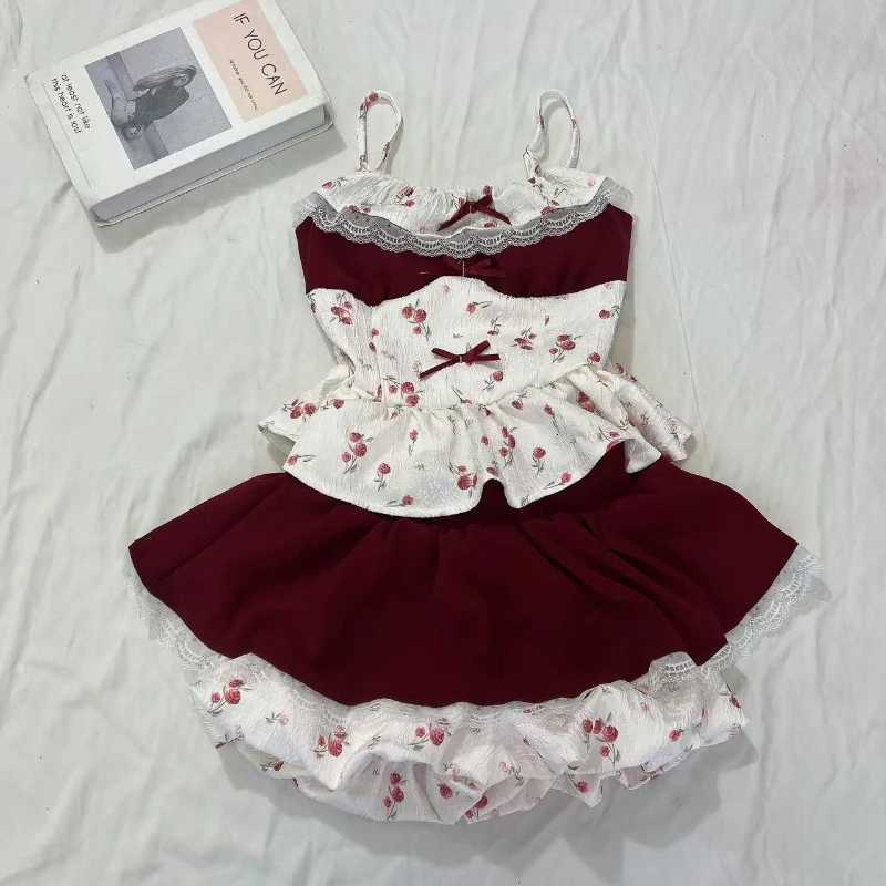 Summer Elegant Sweet Woman 2 Piece Sets Strawberry Print Bow Design Strap Tops High Waist Chic Mini Skirt Female Korean Fashion R250716