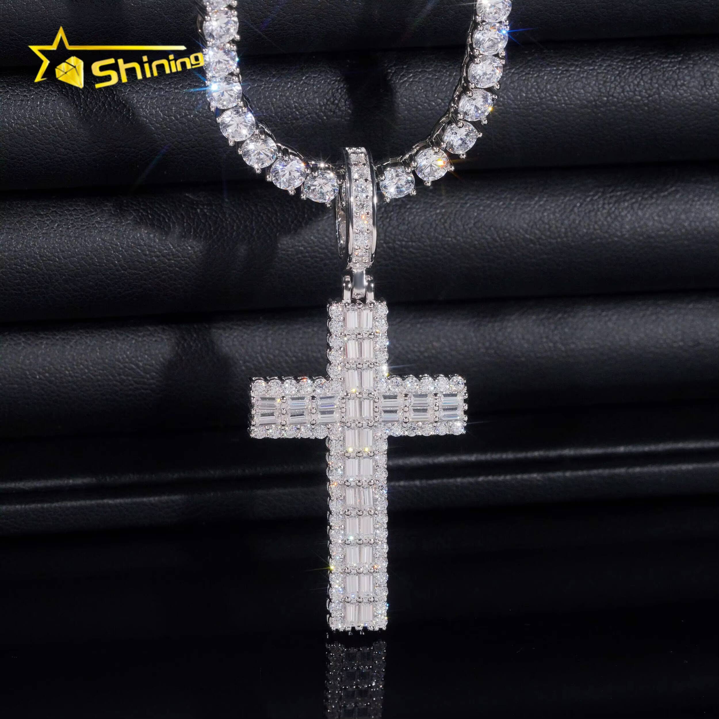 High-end Luxury Baguette Diamond 925 Silver Cross Mens Iced Out Hip Hop Moissanite Pendant for Tennis Chain
