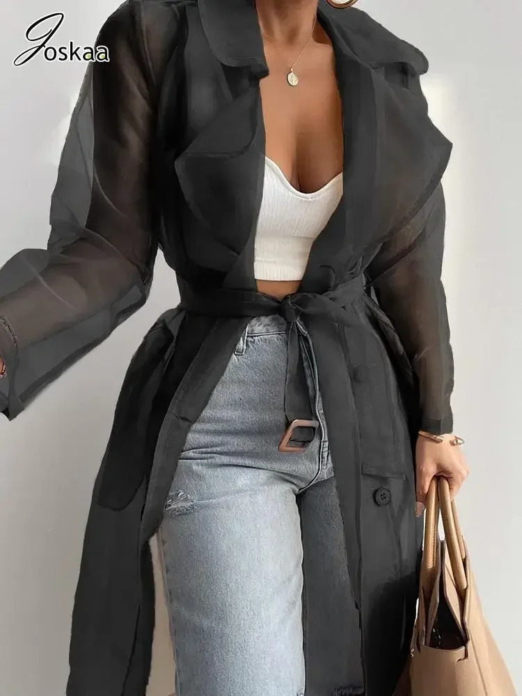 Joskaa Solid Organza See Through Lapel Full Sleeve Trench Summer Women Fashion Buttoned Coat with Belt Elegant Shirts 250715