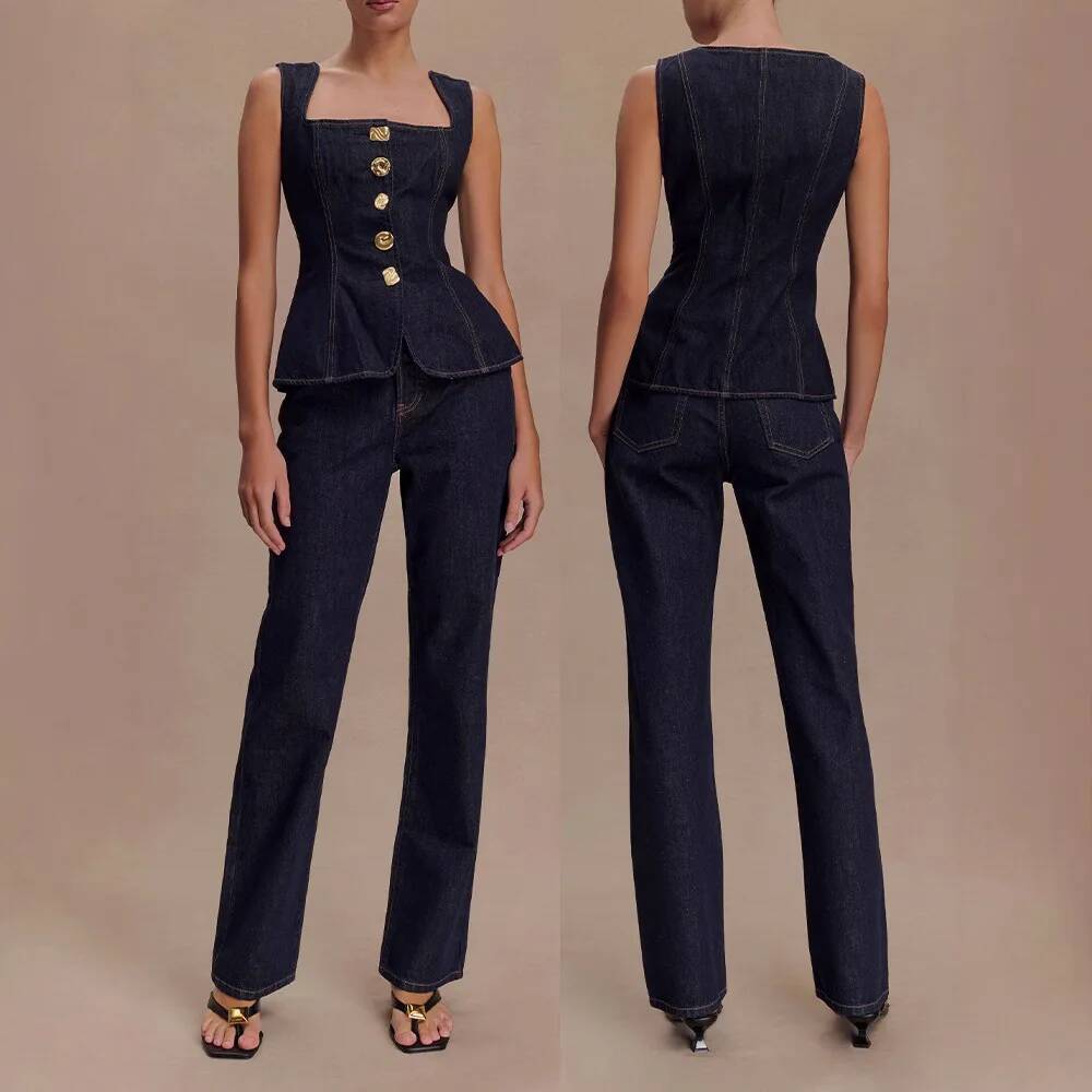Spring Summer Women's Modern Style Button-Square Collar Sleeveless High-Waisted Denim Top And Straight-Leg Jeans Two-Piece Set