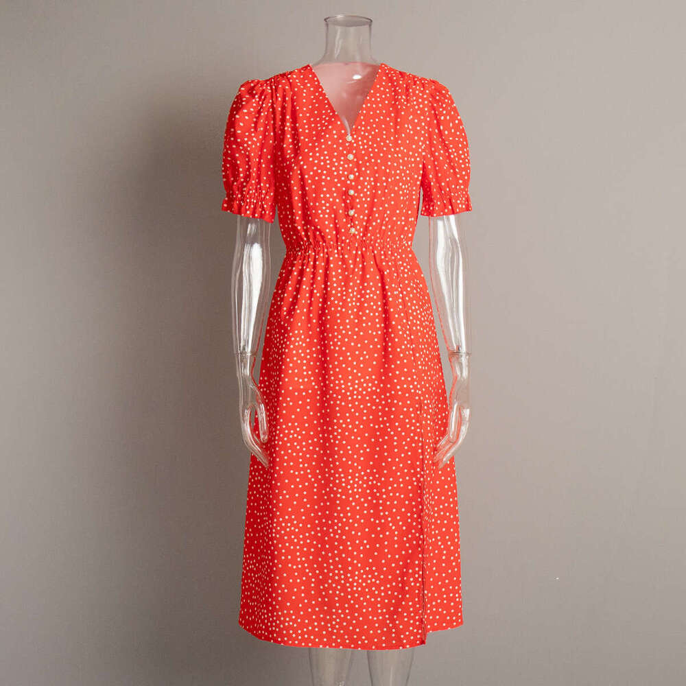 Polka Dot Summer V-Neck Waist-Cinching Slit Mid-Length Red Short-Sleeve Dress For Women B5