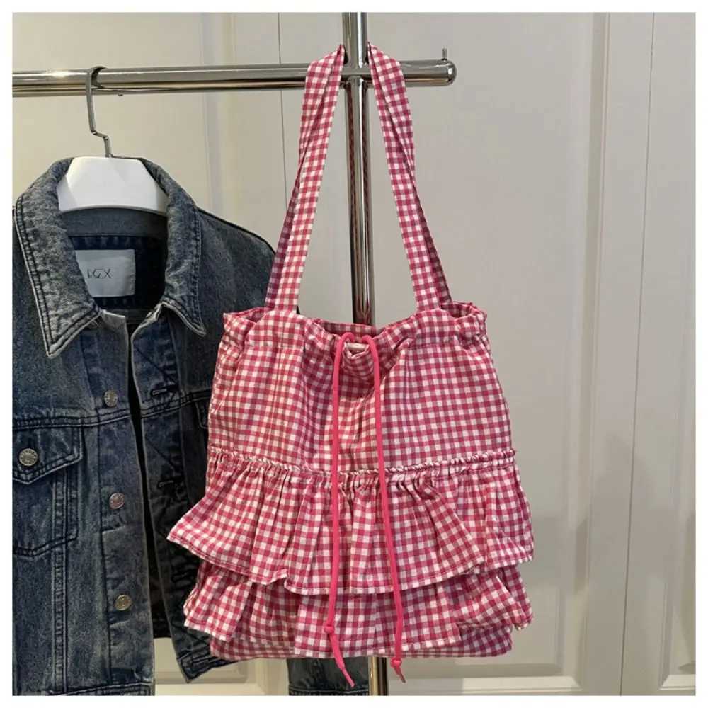 All-match Korean Style Lotus Leaf Shoulder Bag Large Capacity Bag Cloth Cute Plaid Tote Bag Storage Bag