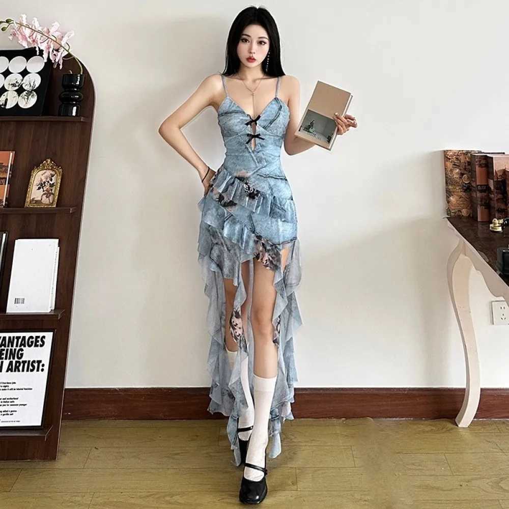 SylCue Irregular Patchwork Dress Women Sexy Sling V-Neck Backless Off Shoulder Ruched Ruffles Tassel Street Elegant Dresses R250716