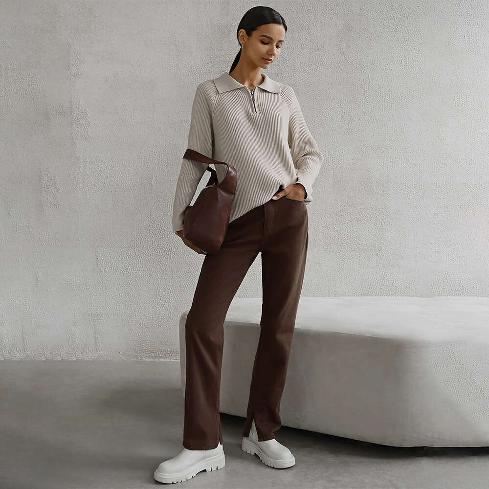 Autumn Winter Trendy Versatile Simple Casual Polo Turn-Down Collar Pullover Knitted Sweater B5