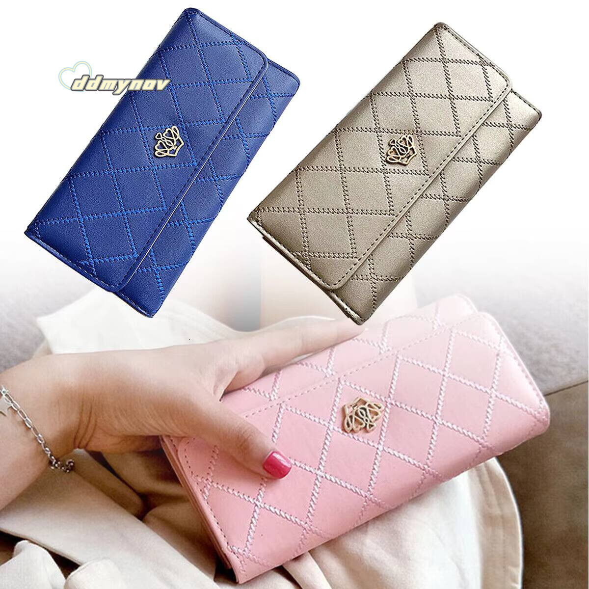 Black Long Wallets for Women PU Leather Diamond Pattern Purse Card Holder Crown Buckle Ladies Phone Fashion Clutch Bag ddmynov