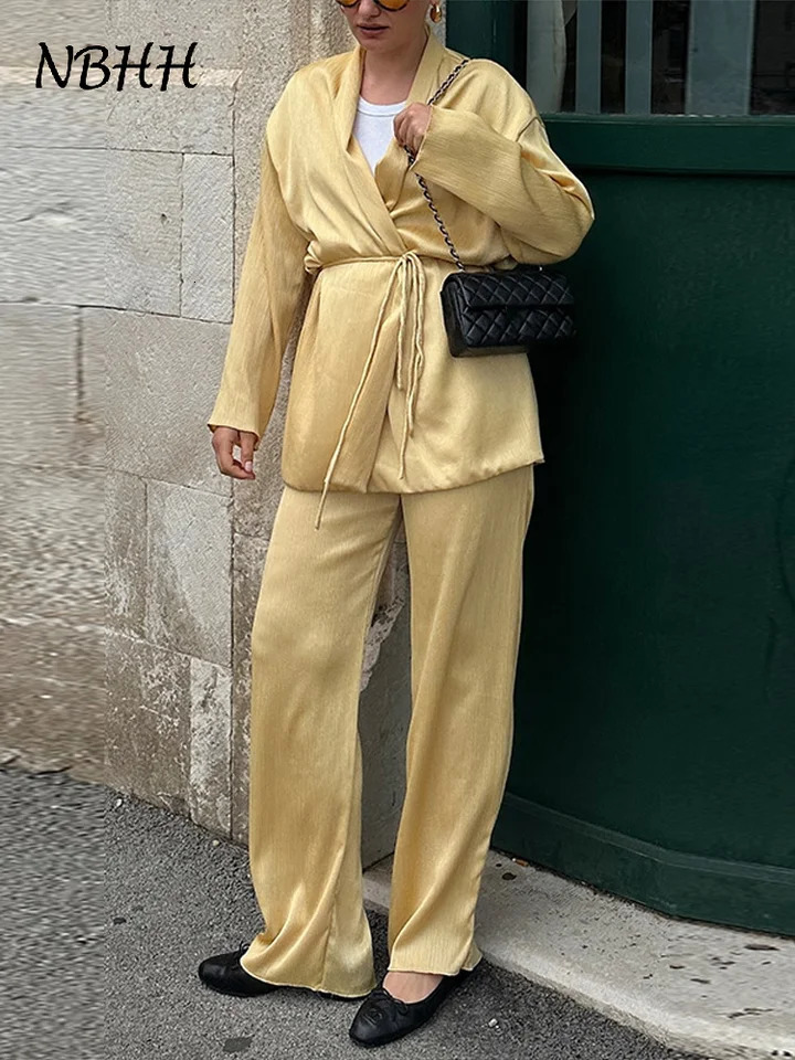 Casual Pleated Lace Up Shirt Pants Sets Women Loose V-neck Long Sleeve Tops Wide Leg Pant Female Suit 2025 Summer Solid Lady Set 250715