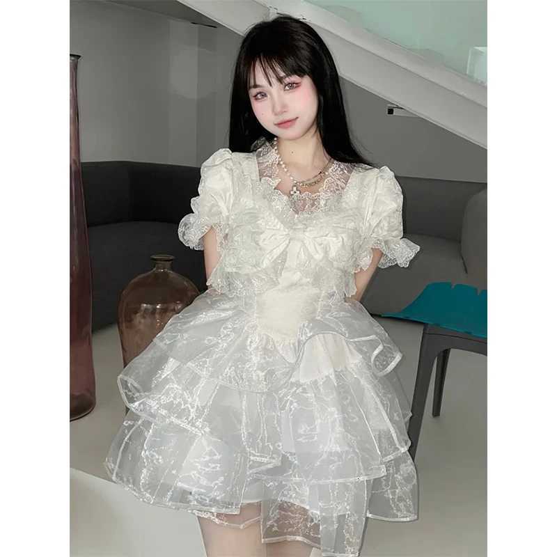100% Cotton White Bow Mini Dress Women Japanese Lolita Party Lace Ruffles Dresses Summer Fairy Korean Elegant Bodycon Dresses R250716