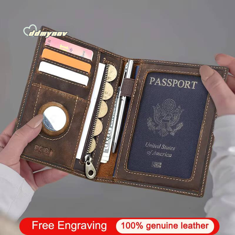 CONTACTS Genuine Leather Card Holder Coin AirTag Slot Men Travel Wallet Womens Purse Passport Cover Bag ddmynov