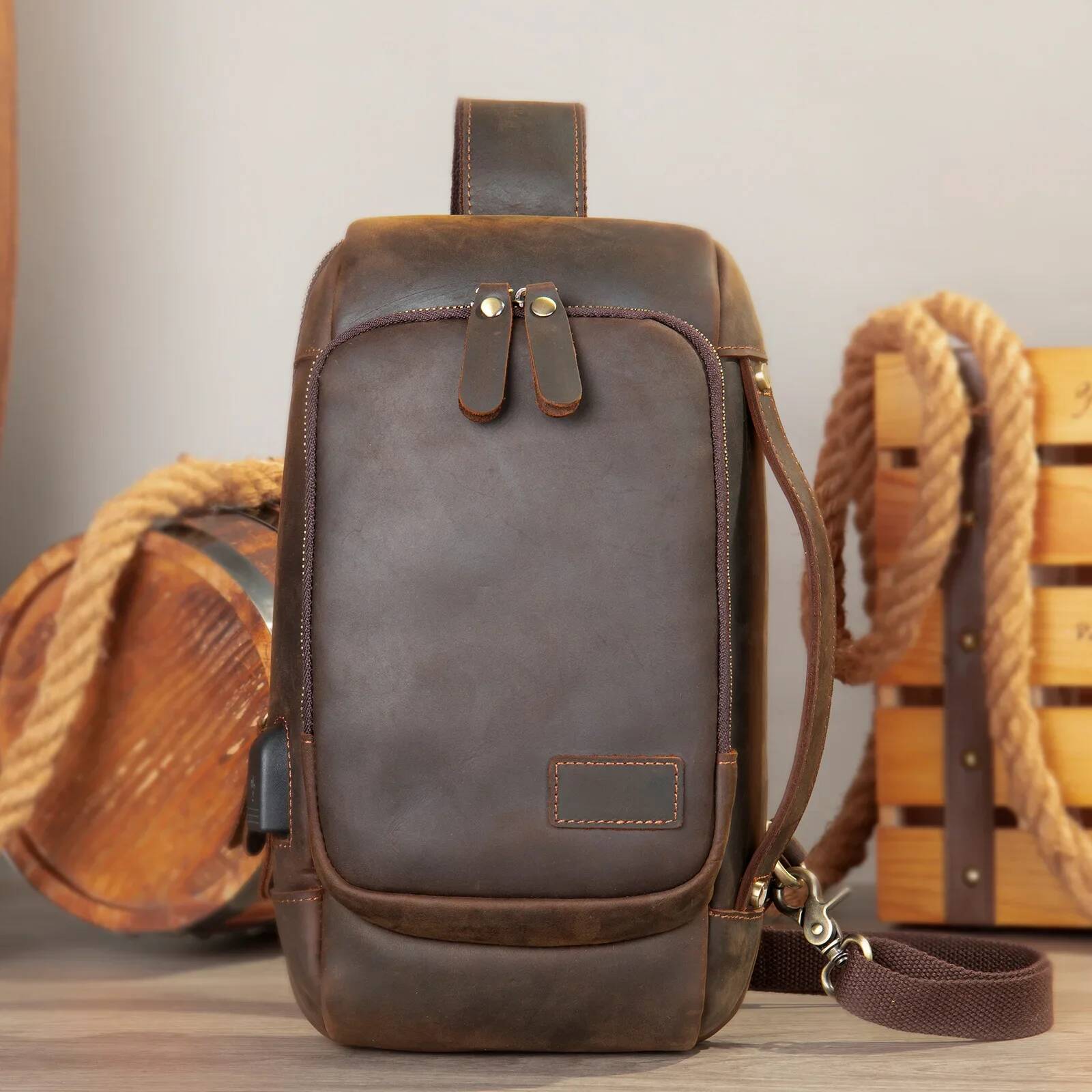 Original New Men's Genuine Leather Commuter Backpack Casual Versatile Canvas Motorcycle Bags Single Shoulder Slant Cross Messeng