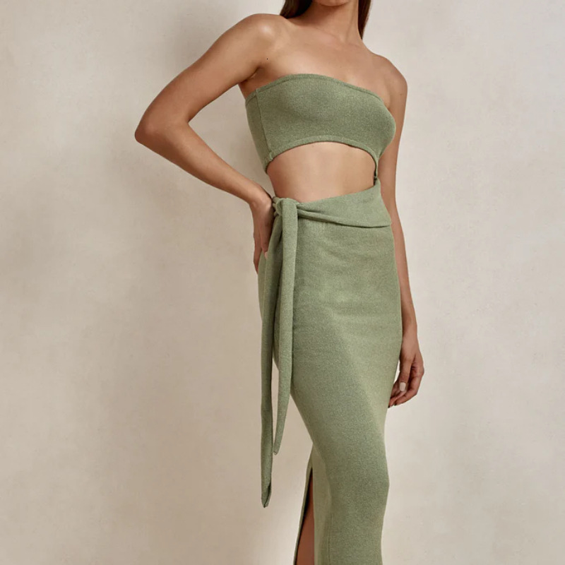 2025 European and American Cross-Border Amazon Dress Women's Fashion Sexy Hollow Out Backless Strapless Lace-Up Knitted for Women