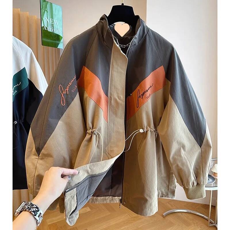 Fashion Contrast Color Women Jacket Casual Loose Zipper Single Breasted Drawstring Jackets 2025 New Streetwear Ladies Outerwear