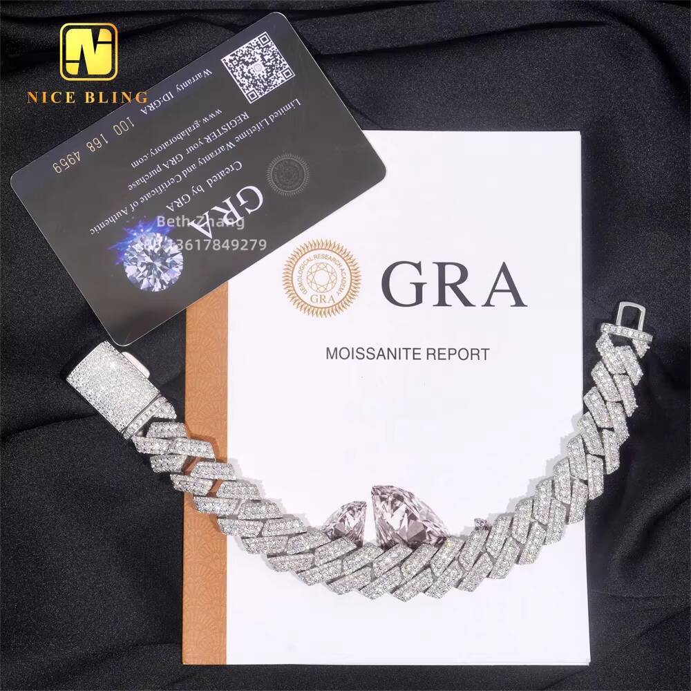 Men Hip Hop Bracelet 925 Silver Iced Out Jewelry VVS Moissanite Cuban Bracelet 3 Rows 15MM Lab Diamond Cuban Link Bracelet