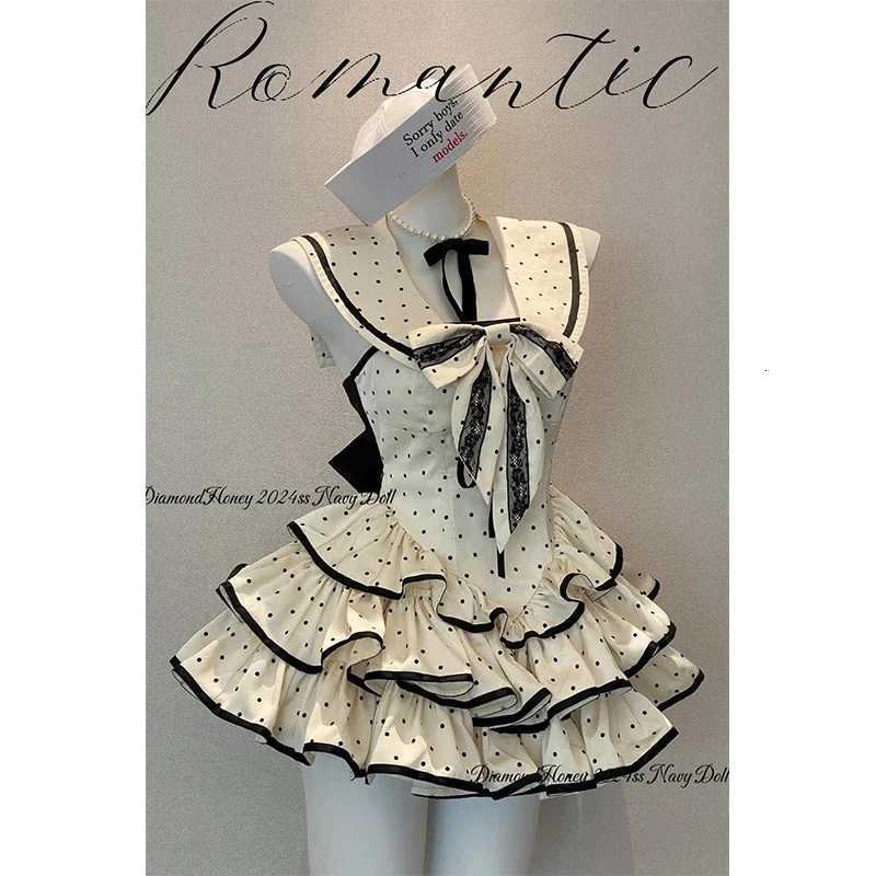 Japanese Kawaii Polka Dot Mini Dress Women Preppy Bow Ruffles Dresses Summer Y2K Lolita Sailor Collar Backless Bodycon Vestidos R250716